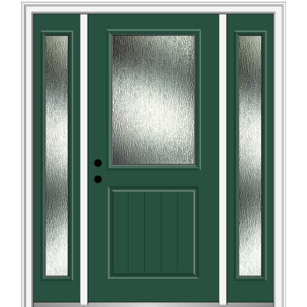 64 in. x 80 in. Right-Hand Inswing Rain Glass Hunter Green Fiberglass Prehung Front Door on 6-9/16 in. Frame