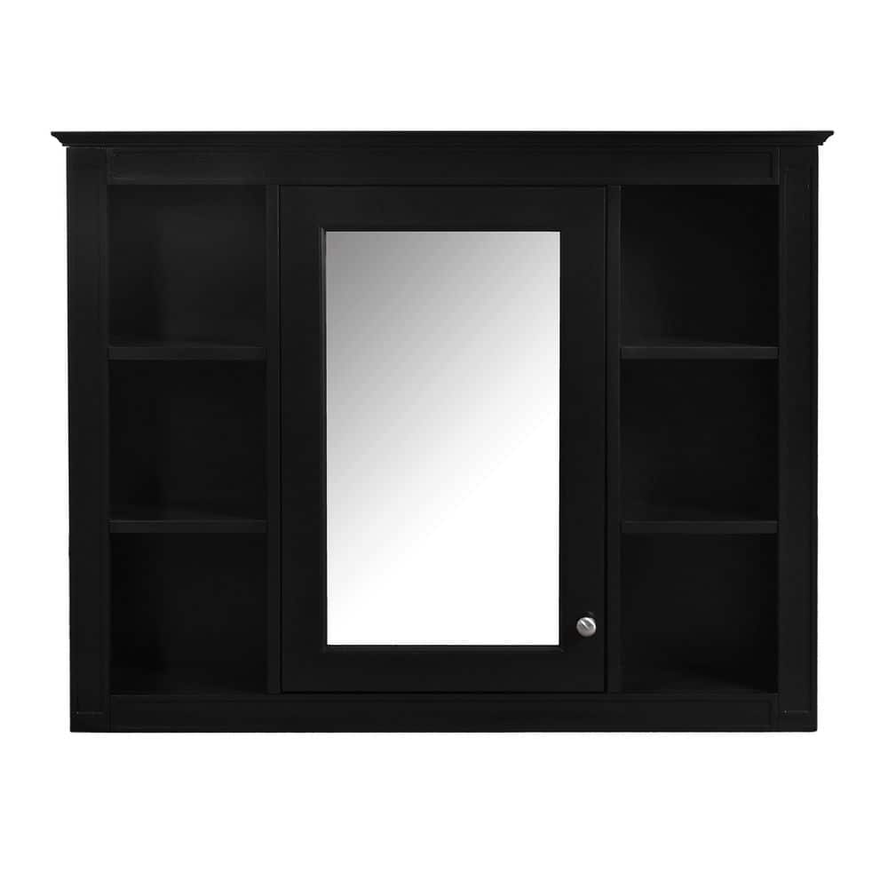 7 in. W x 35 in. D x 28 in. H Wall Mounted Bathroom Linen Cabinet with Mirrored Doors and 6 Open Shelves, Black