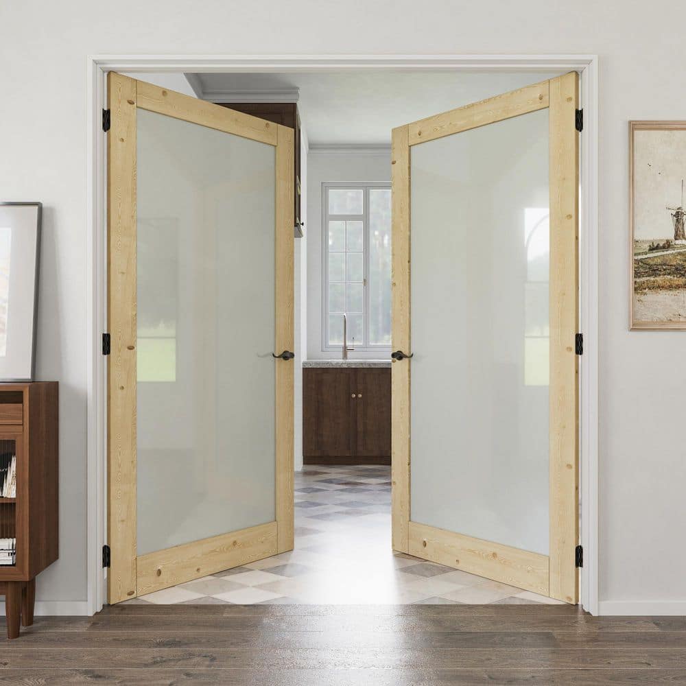 72 in. x 80 in. 1 Lite Frosted Glass Unfinished Pine Solid Wood Assembly Required Double French Door with Jamb