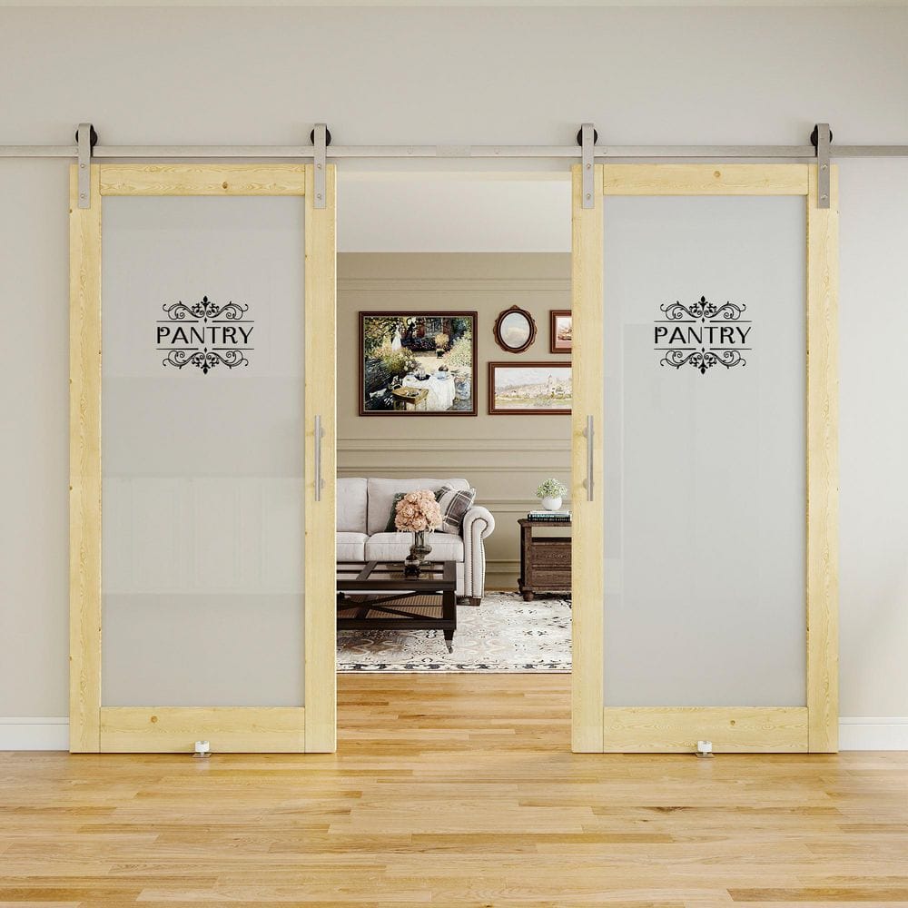 72 in. x 80 in. 1 Lite Frosted Glass Unfinished Pine Wood Sliding Barn Door with Hardware Kit Nickel and Pantry Sticker