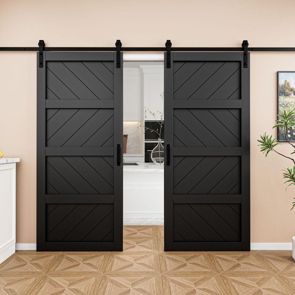 72 in. x 84 in. 4-Panel Wave Pattern Black Finished MDF Sliding Barn Door with Hardware Kit and Soft Close for Bathroom