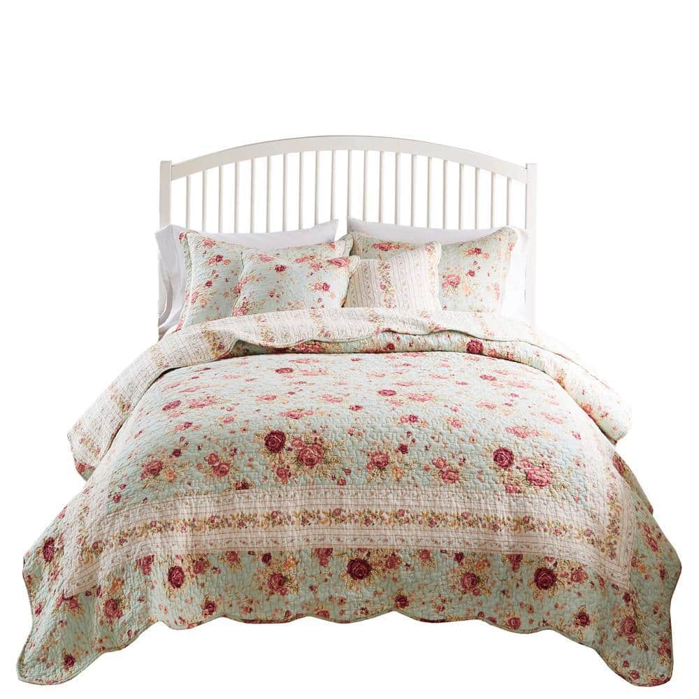 Antique Rose Traditional Floral Blue 4-Pcs Cotton Twin/Twin XL Bonus Quilt Set