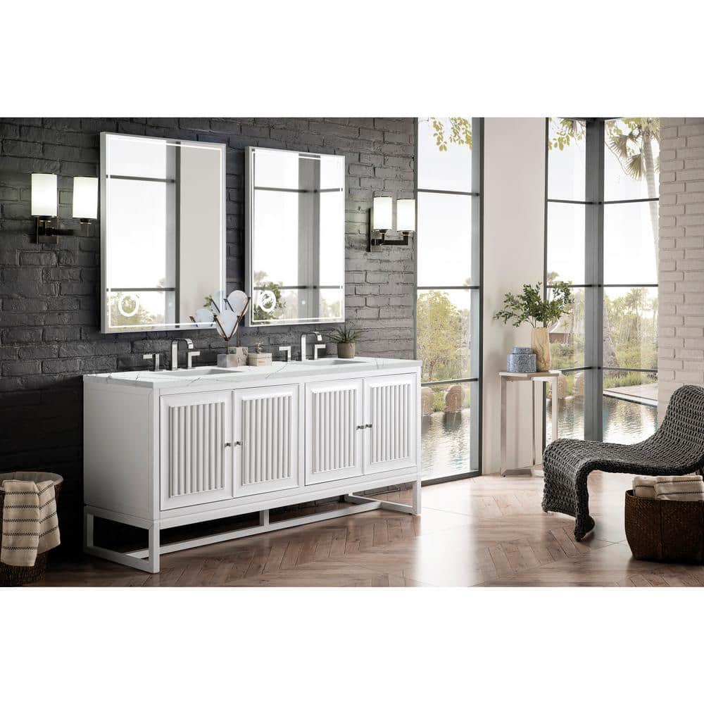 Athens 72 in. W x 23.5 in. D x 34.5 in. H Bathroom Vanity in Glossy White with Ethereal Noctis Quartz Top