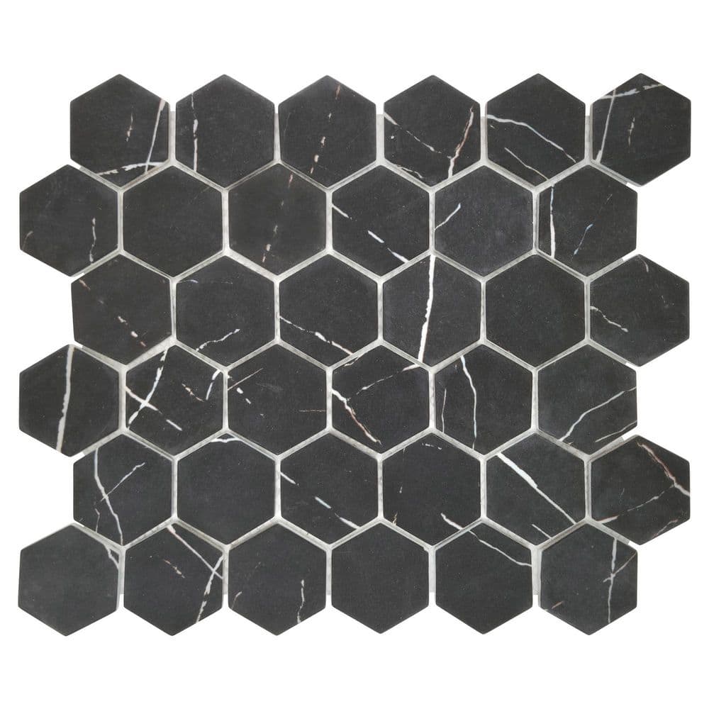 Black Marquina 11 in. x 10 in. Hexagon Recycled Glass Marble Looks Floor and Wall Mosaic Tile (8.33 sq. ft./Case)