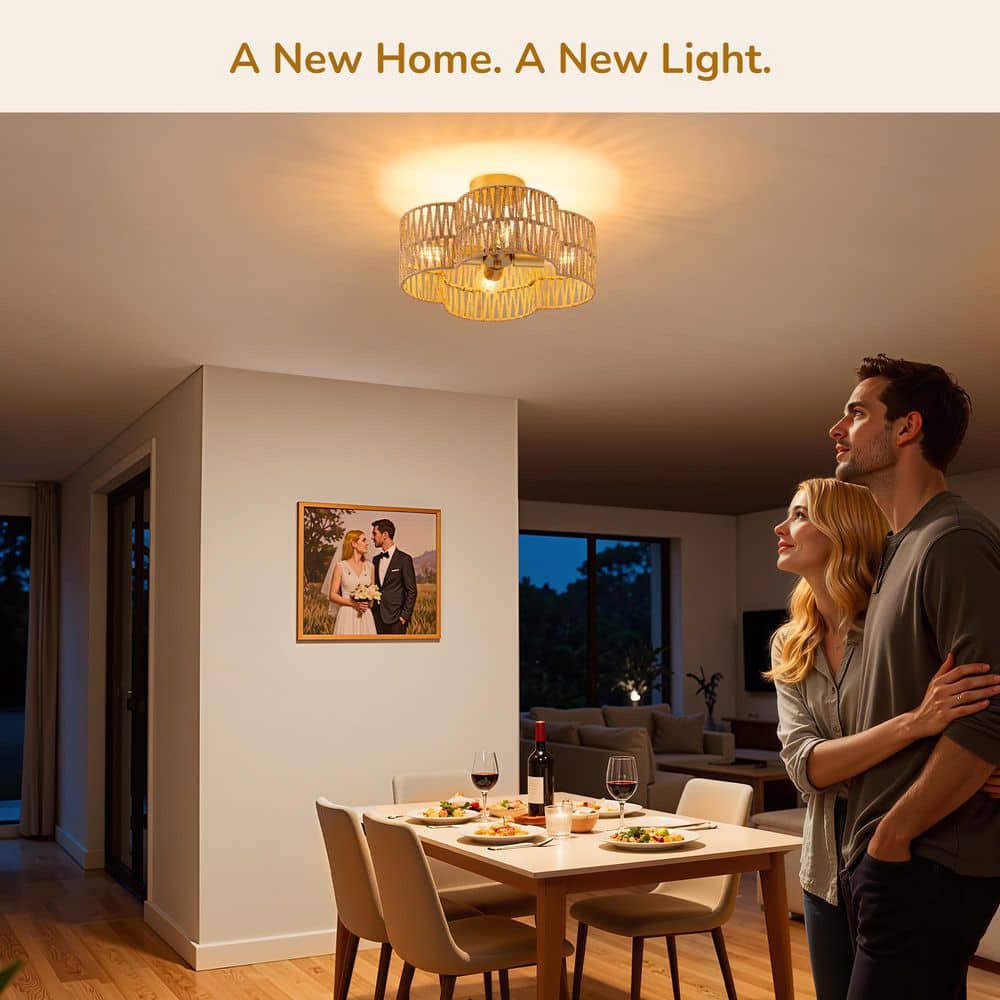Boho 16.5 in. 4-Light Brown Semi Flush Mount Ceiling Light with Hand-Woven Shade