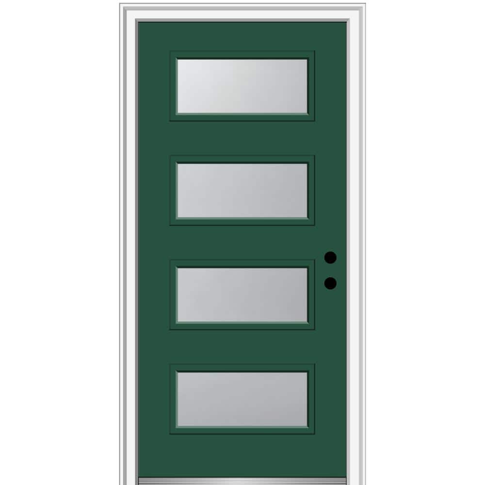 Celeste 36 in. x 80 in. Left-Hand Inswing 4-Lite Frosted Glass Green Steel Prehung Front Door on 6-9/16 in. Frame
