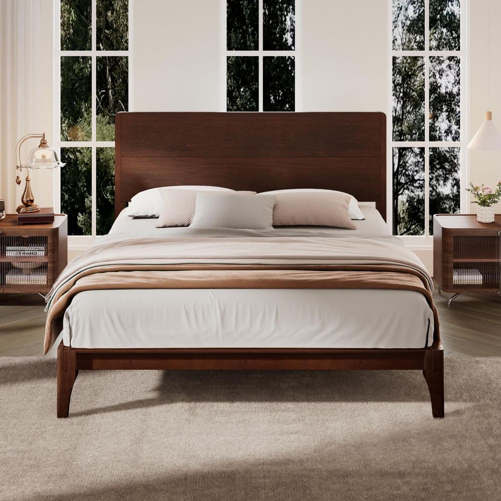 Chocolate/Dark Brown Modern Bamboo Frame Queen Size Platform Bed with Wood Slat Metal Support