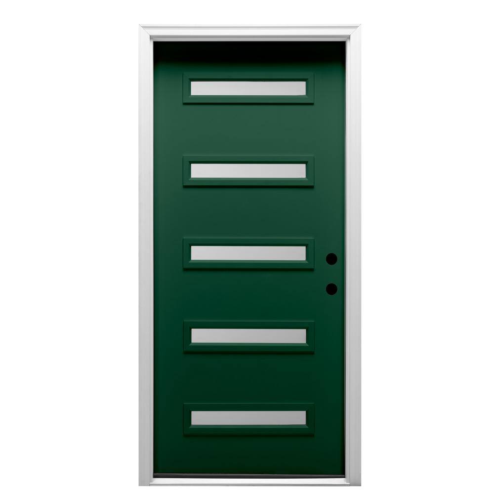 Davina 32 in. x 80 in. Left-Hand Inswing 5-Lite Frosted Glass Painted Green Steel Prehung Front Door on 6-9/16 in. Frame