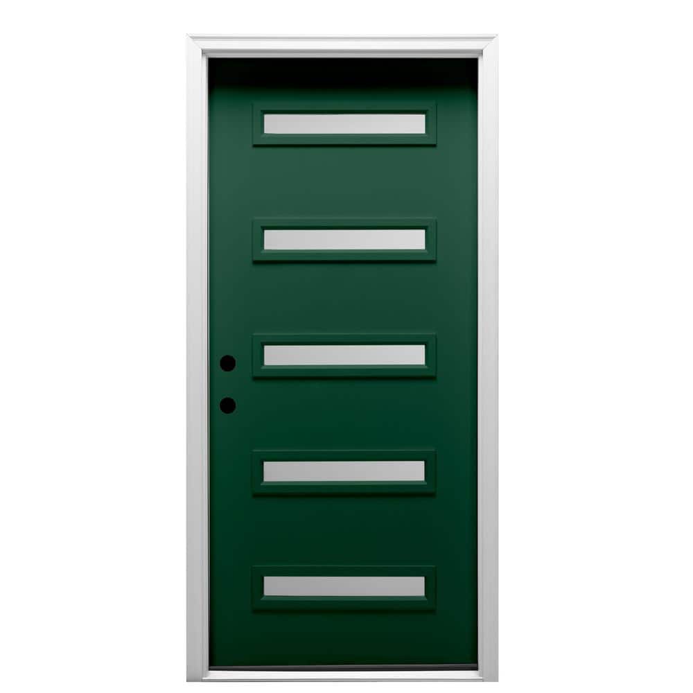 Davina 32 in. x 80 in. Right-Hand Inswing 5-Lite Frosted Glass Green Steel Prehung Front Door on 6-9/16 in. Frame