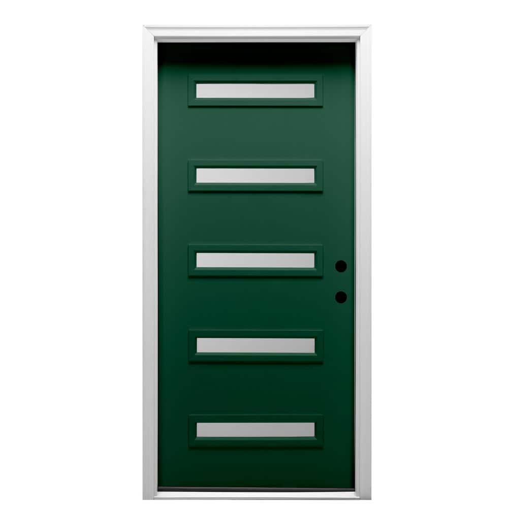Davina 36 in. x 80 in. Left-Hand Inswing 5-Lite Frosted Glass Painted Green Steel Prehung Front Door on 6-9/16 in. Frame