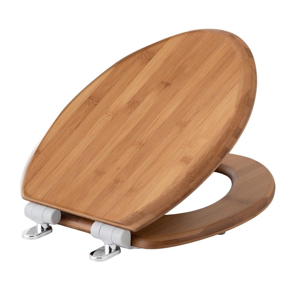 Elongated Bamboo with Soft Close Never Loosens Chromed Magnetic Hinge Toilet Seat in Natural Bamboo