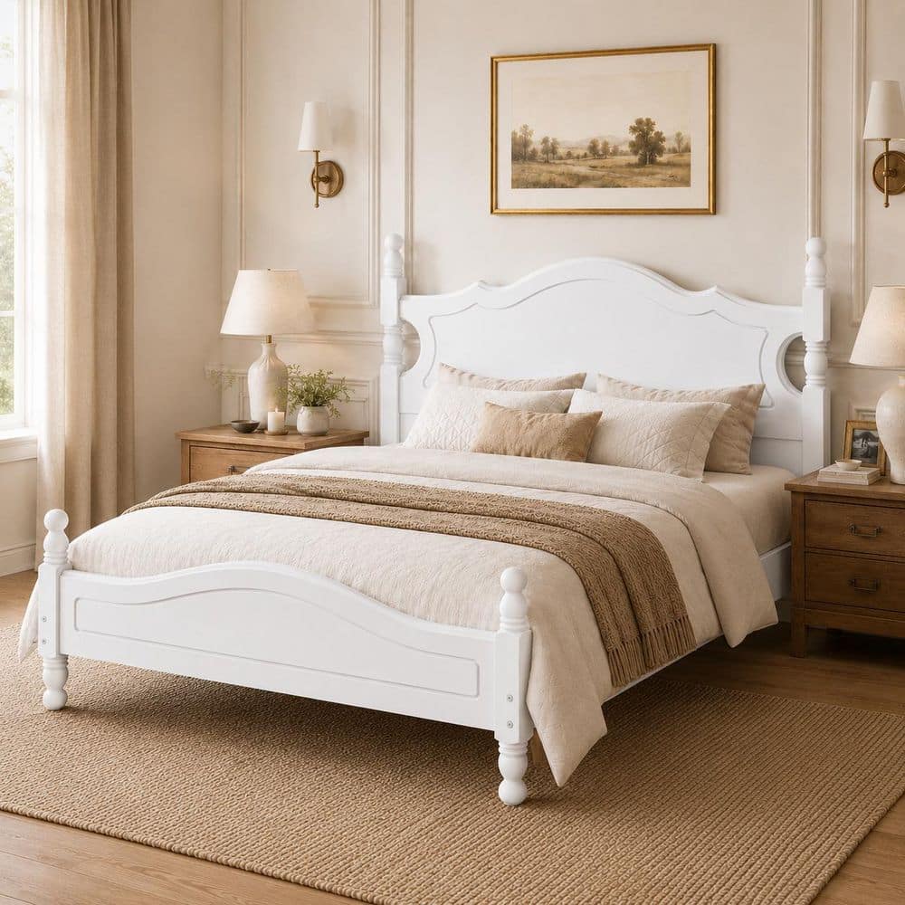 Exquisite Vintage White Wood Frame Queen Size Platform Bed with Support Legs
