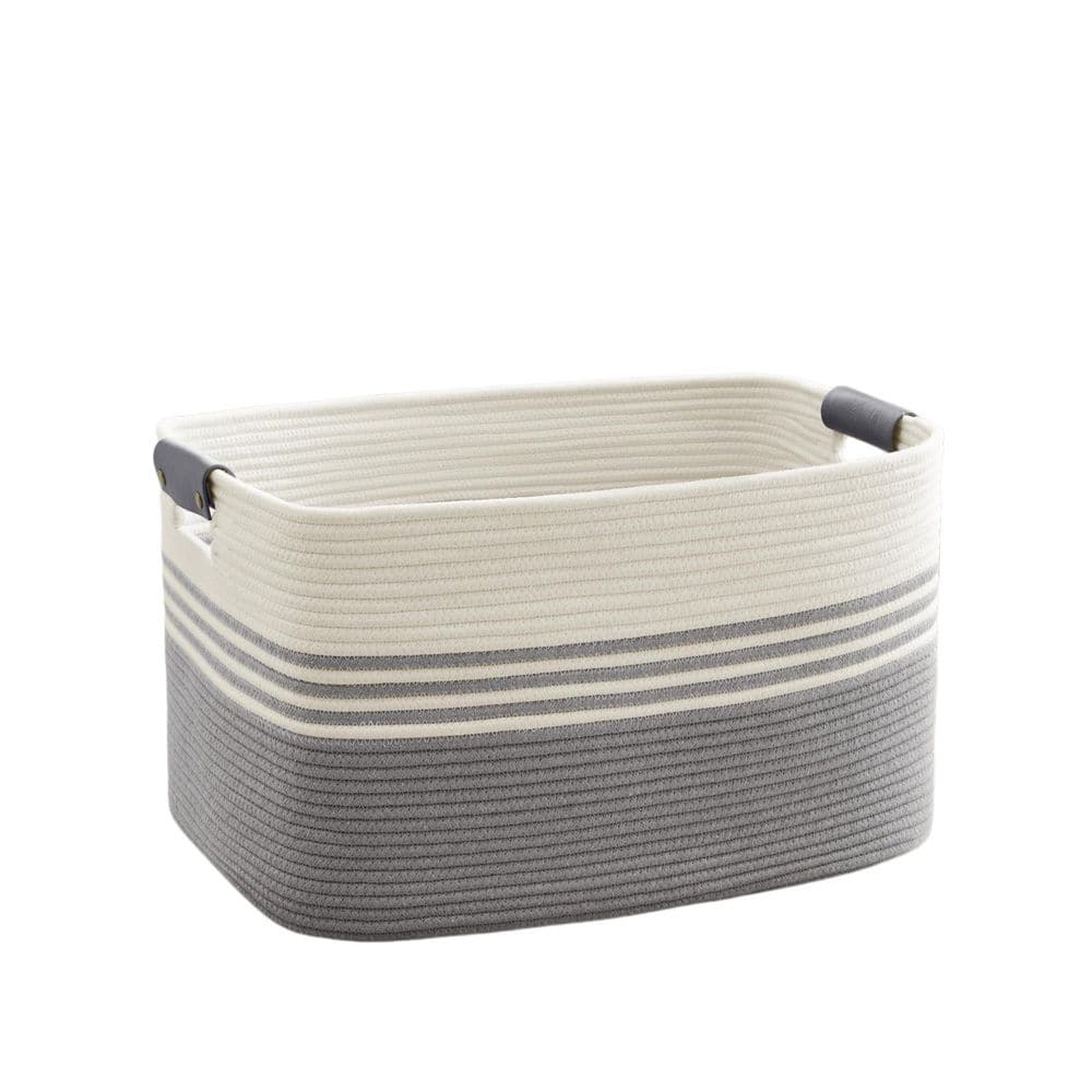 Gray 21.7 in. x 11.8 in. Cotton Decorative Basket, Leather Handle, 72L Large Capacity, Boho-Style Storage Basket
