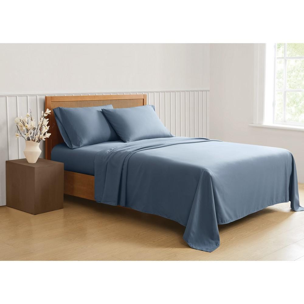 Green Solid Recycled Polyester Blue King 4 Piece Sheet Set