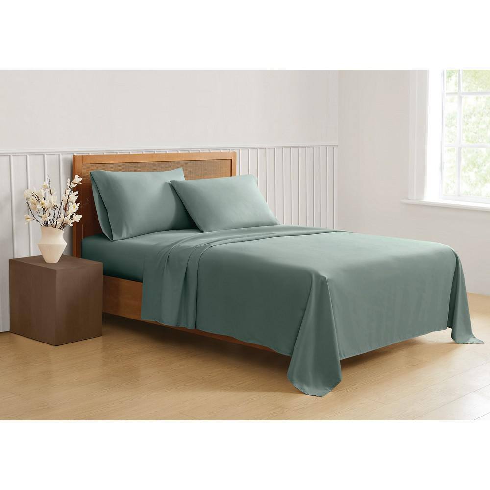 Green Solid Recycled Polyester Sage California King 4 Piece Sheet Set