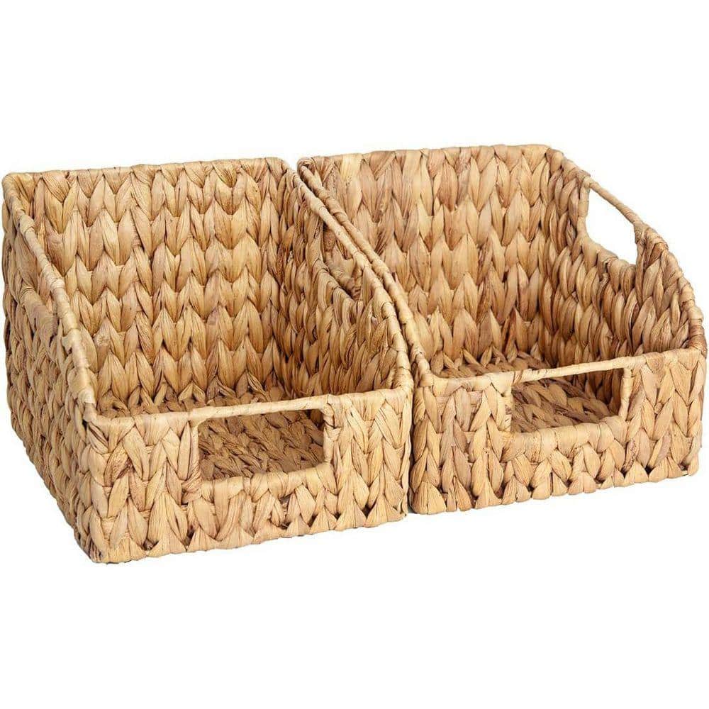 Handwoven Water Hyacinth 2-Shelf Wicker Baskets Natural with Built-in Handles Pantry Organizer for Shelves 2-Pack