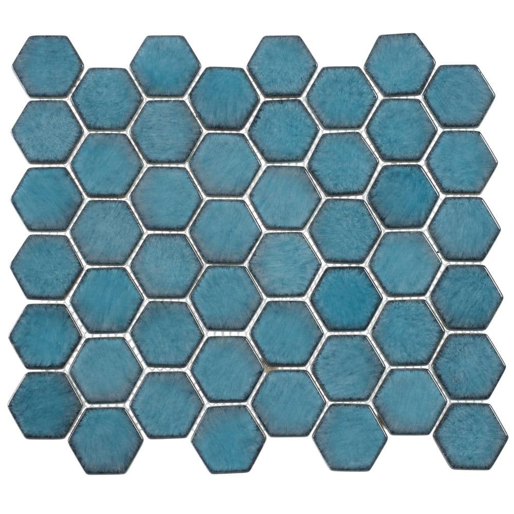Honoro Hexite Deusen Blue Glossy 4.5 in. x 8.25 in. Hexagon Smooth Glass Mosaic Tile Sample