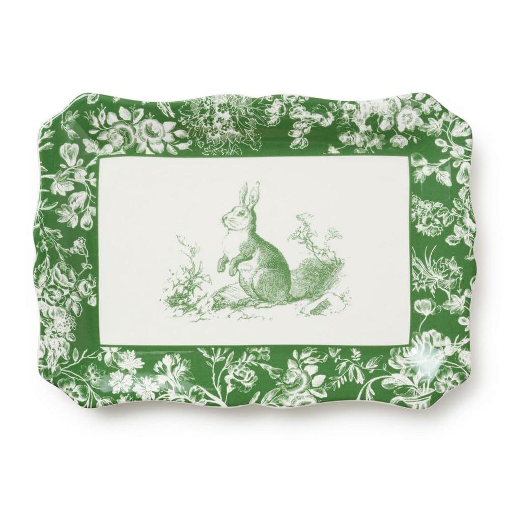 Le Jardin 13.75 in. x 9.75 in. Rectangular Green and White Stoneware Platter