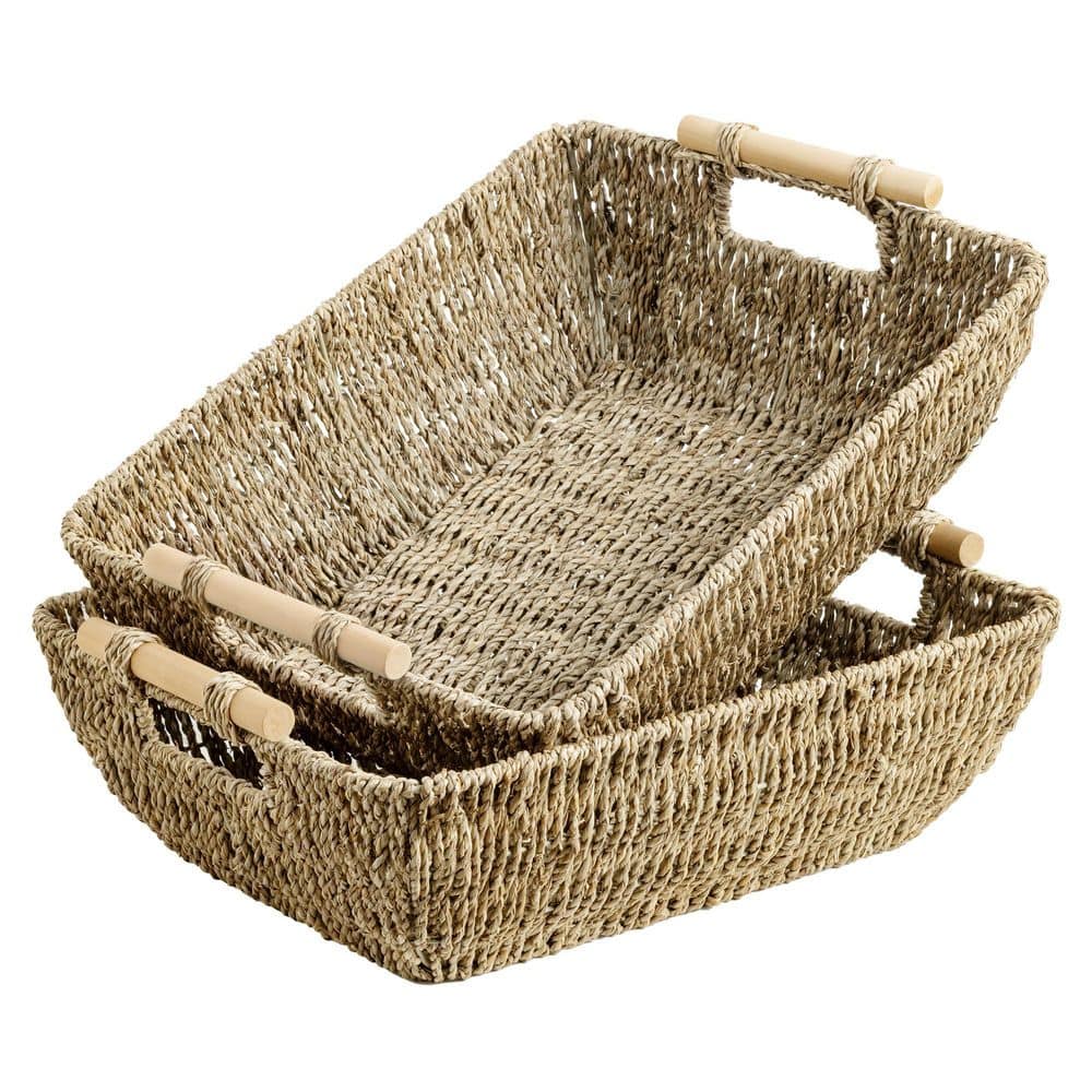 Light Brown 17.25 in. x 6 in. Water Hyacinth Wicker Woven Decorative Baskets with Wooden Handles (Set of 2)