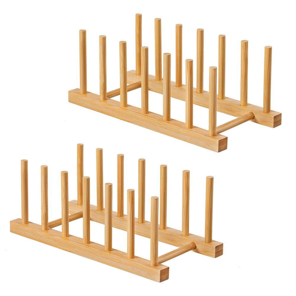 Light Brown Plate and Bowl Dish Rack Eco-Friendly Kitchen Cabinet Organizer Drying Stand 2-Piece