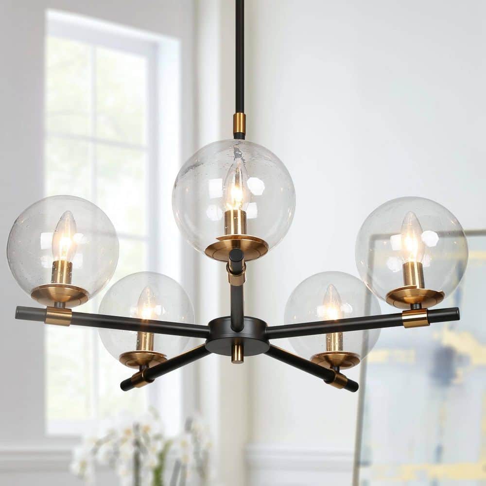 Modern 22 in. 5-Light Black Sputnik Pendant Light, Brass Gold Candle Chandelier with Globe Seeded Glass for Dining Room