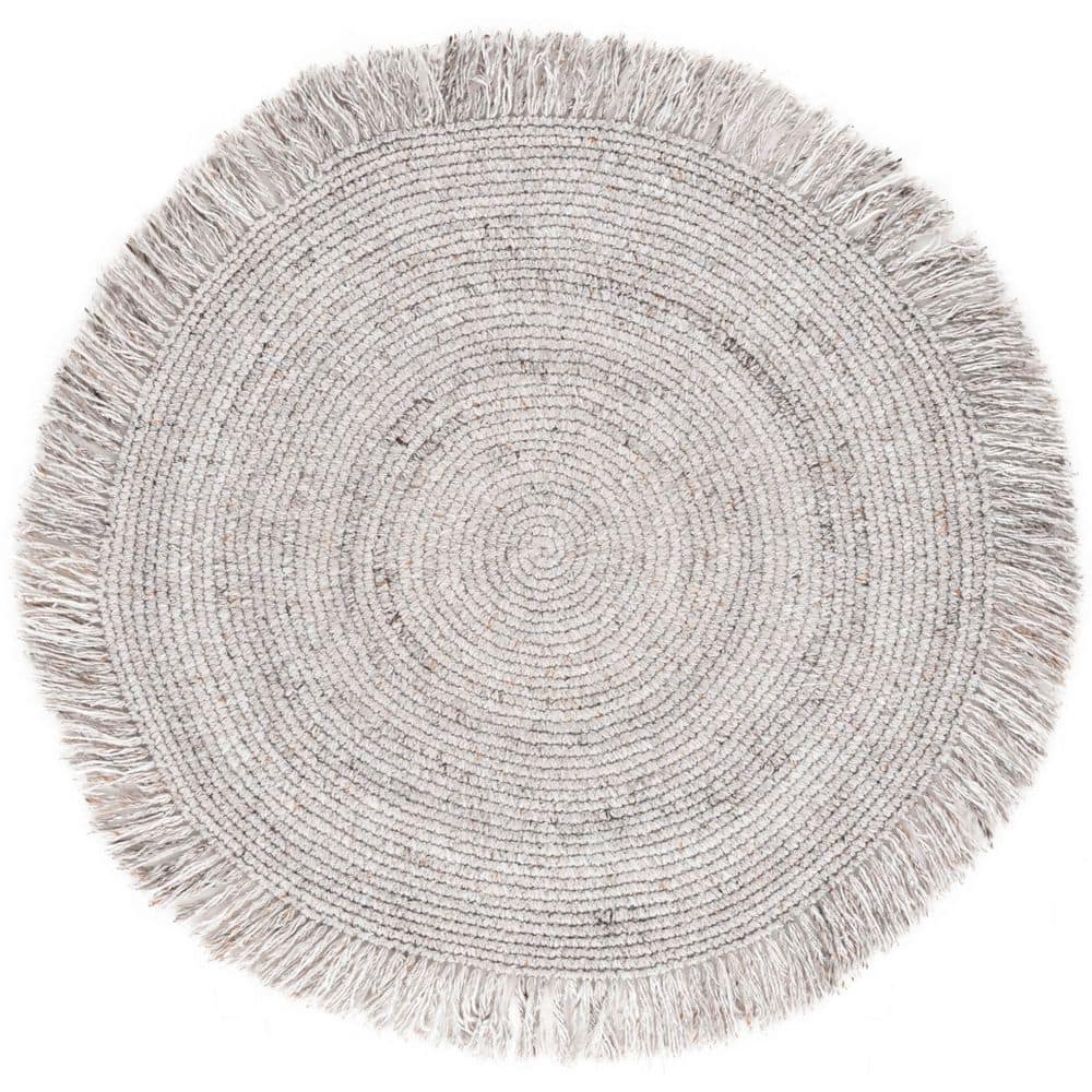 Renewal 3 ft. x 3 ft. Ivory/Gray Woven Fringe Round Area Rug
