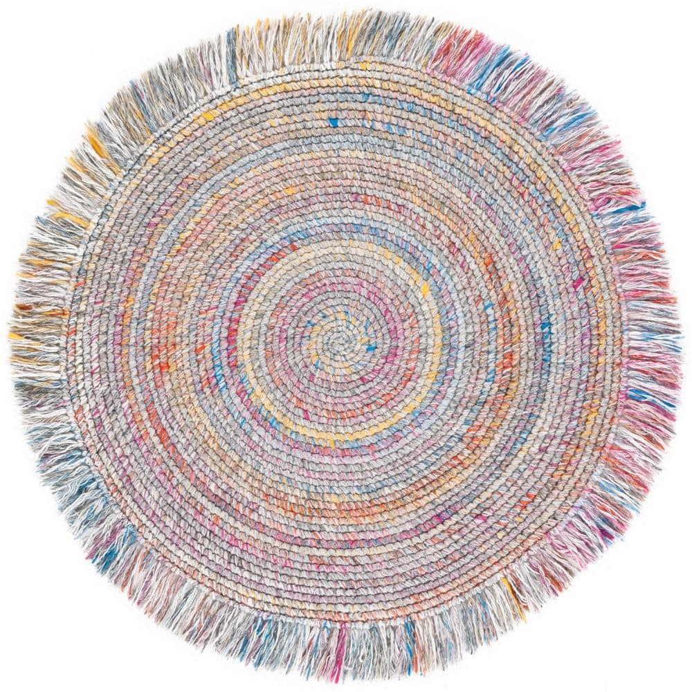 Renewal 3 ft. x 3 ft. Red/Blue Woven Fringe Round Area Rug