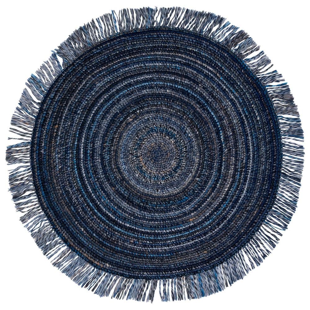 Renewal 5 ft. x 5 ft. Navy/Beige Woven Fringe Round Area Rug