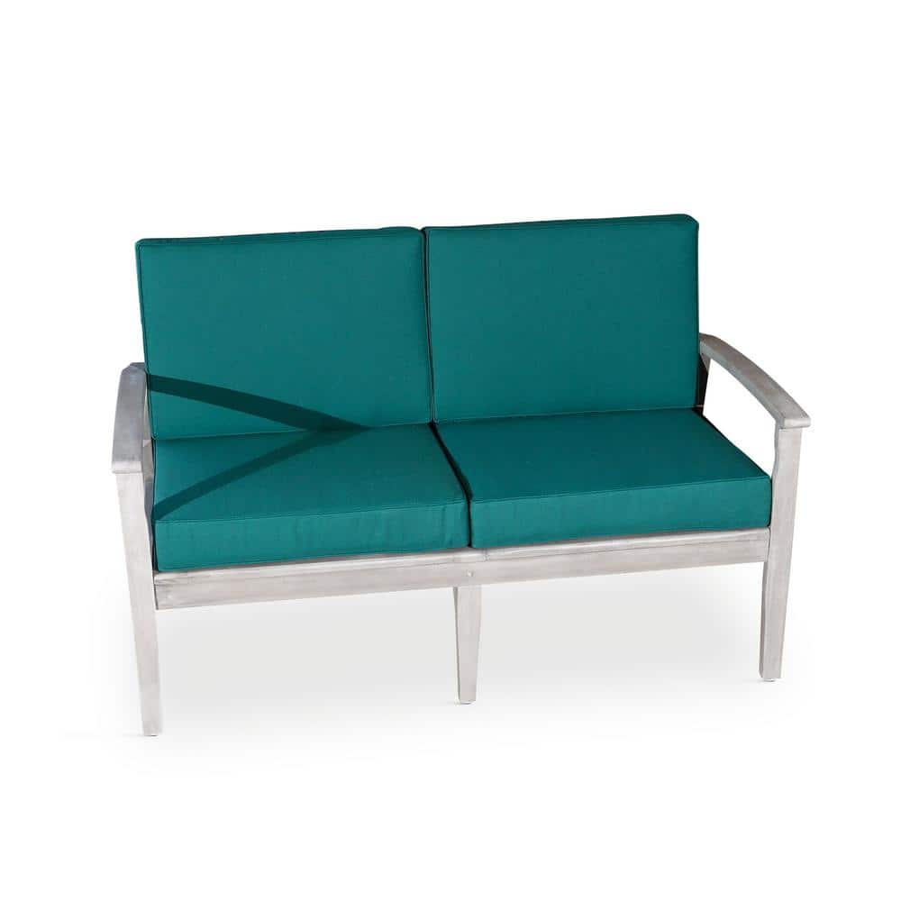 Silver Gray Eucalyptus Wood Outdoor Loveseat with Dark Green Cushions