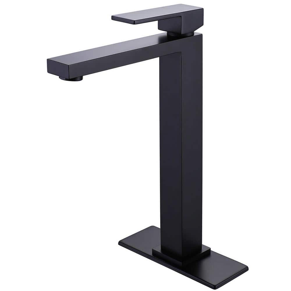 Single Handle Bathroom Vessel Sink Faucet Single Hole Modern Brass High Tall Taps with Deck Plate in Matte Black