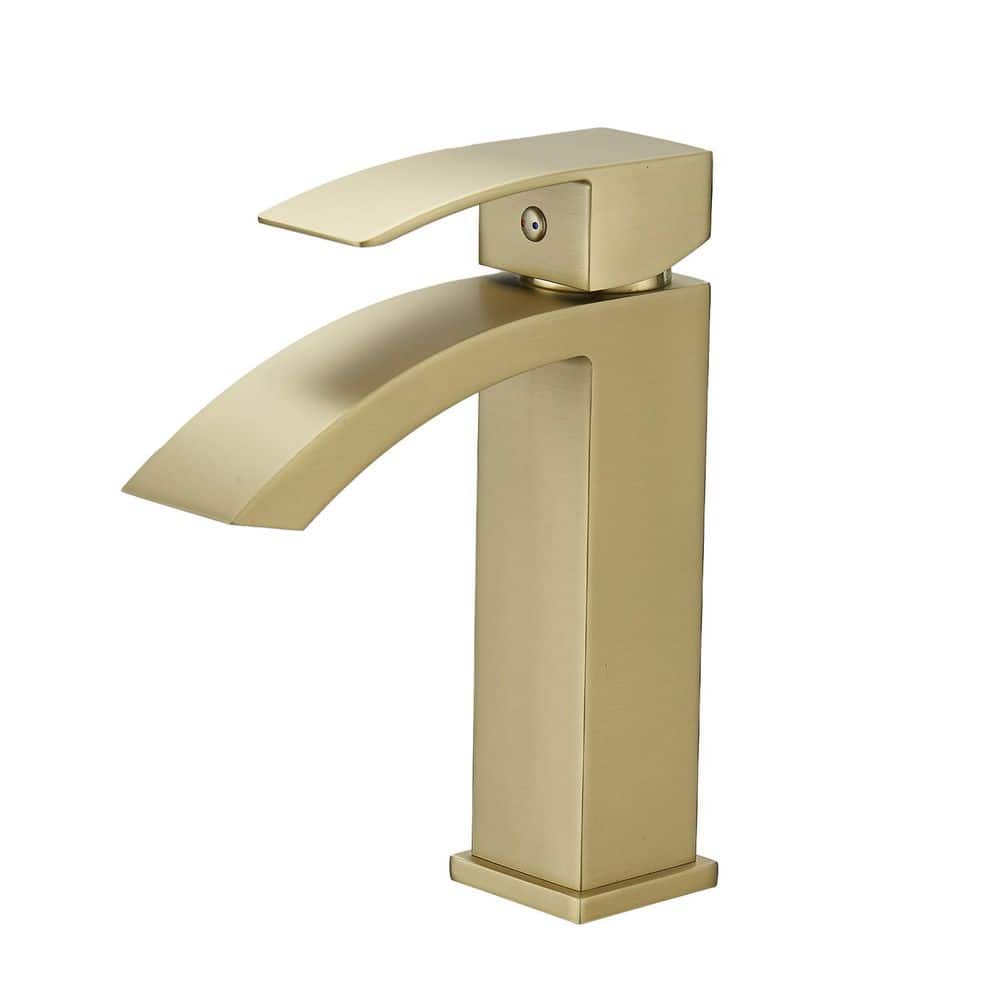 Single Handle Waterfall Bathroom Faucet Single Hole Modern Deck Mounted Bathroom Sink Basin Vanity Taps in Brushed Gold