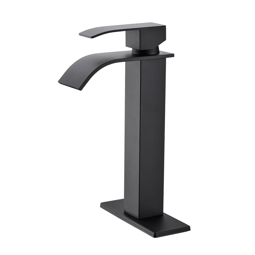 Single Handle Waterfall Bathroom Vessel Sink Faucet Single Hole Modern Stainless Steel High Tall Taps in Matte Black