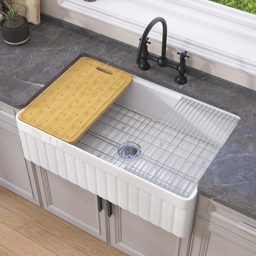 Undermount Workstation Sink White Fireclay Apron Front Farm Undermount Kitchen 33 in. Sink Single Bowl with Accessories