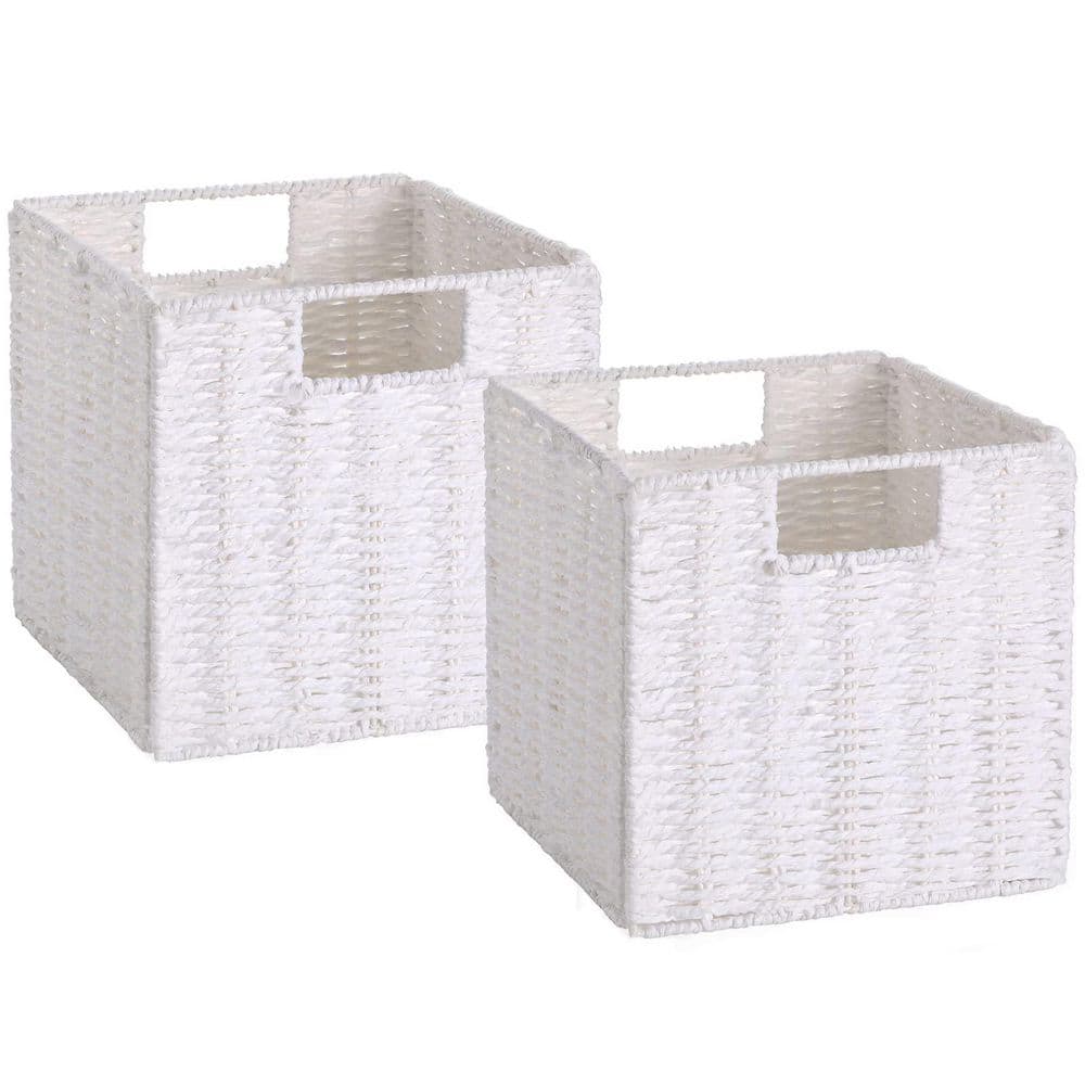 White 9 in. x 9 in. Woven Paper Rope Decorative Storage Basket - Hand-Woven, with Handles, Collapsible Decorative Basket