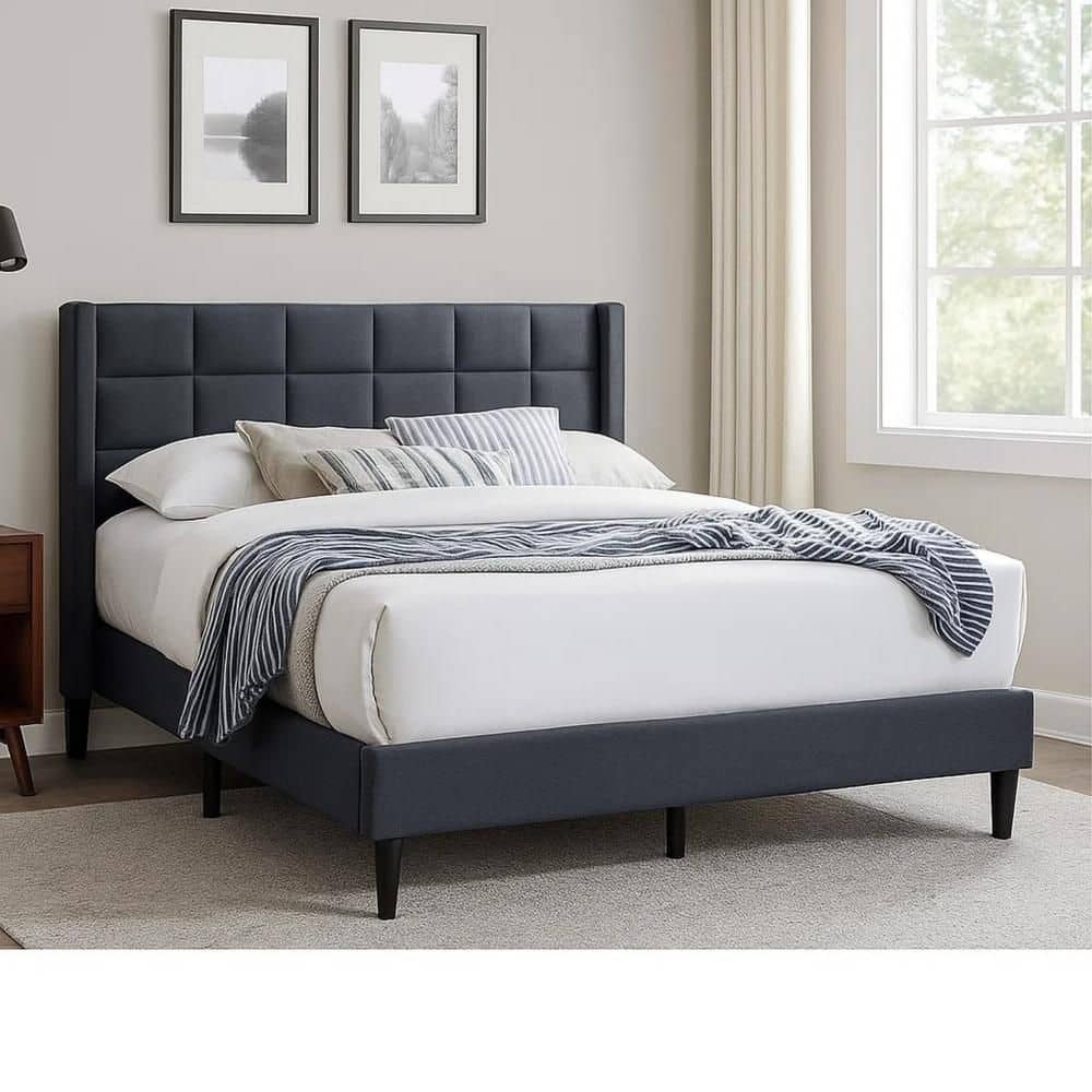 Zensa Gray Wood Frame Full Panel Bed with Padded Headboard