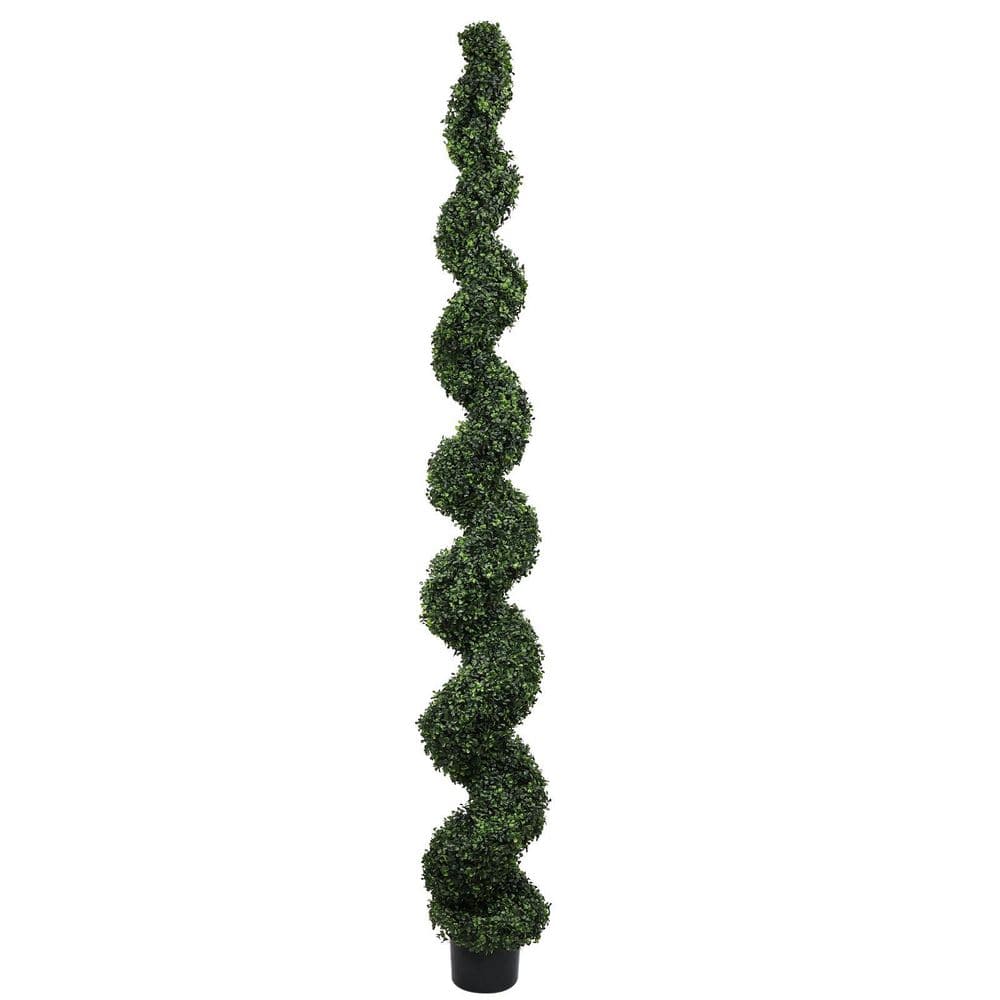 1-Piece 7 ft. Spiral Topiary Artificial Boxwood Tree Large Twisted Green Potted Trees with Dark Green Leaves for Garden