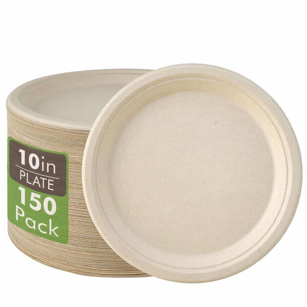 10 in. Natural Beige Disposable Bagasse Paper Plates Eco-Friendly Compostable Biodegradable 150 Pack Case