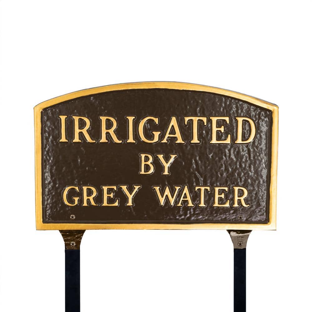 13 in. x 21 in. Large Arch Irrigated by Grey Water Statement Plaque Sign with Lawn Stakes - Oil Rubbed/Gold
