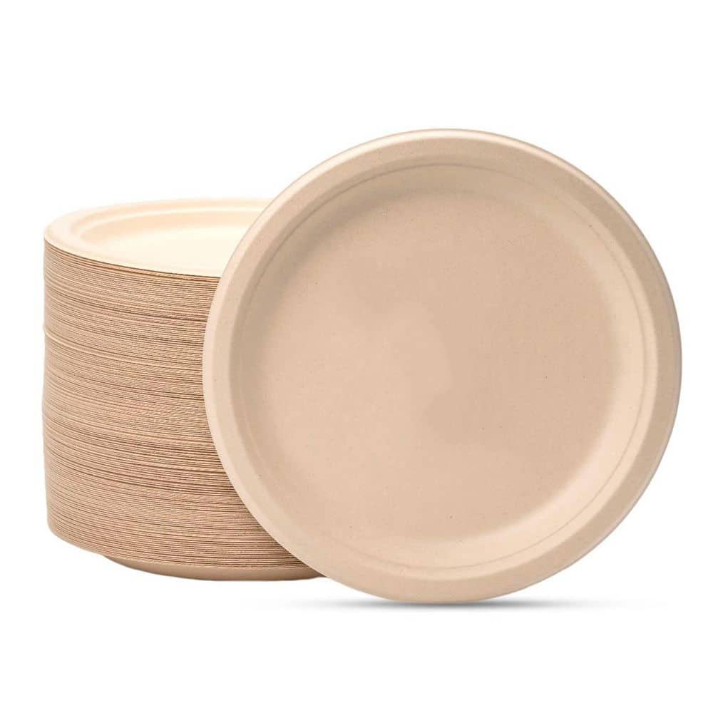 150-Pack 10 in. Round Brown Compostable Paper Plates, Disposable Biodegradable Natural Sugarcane Fiber Paper Plates