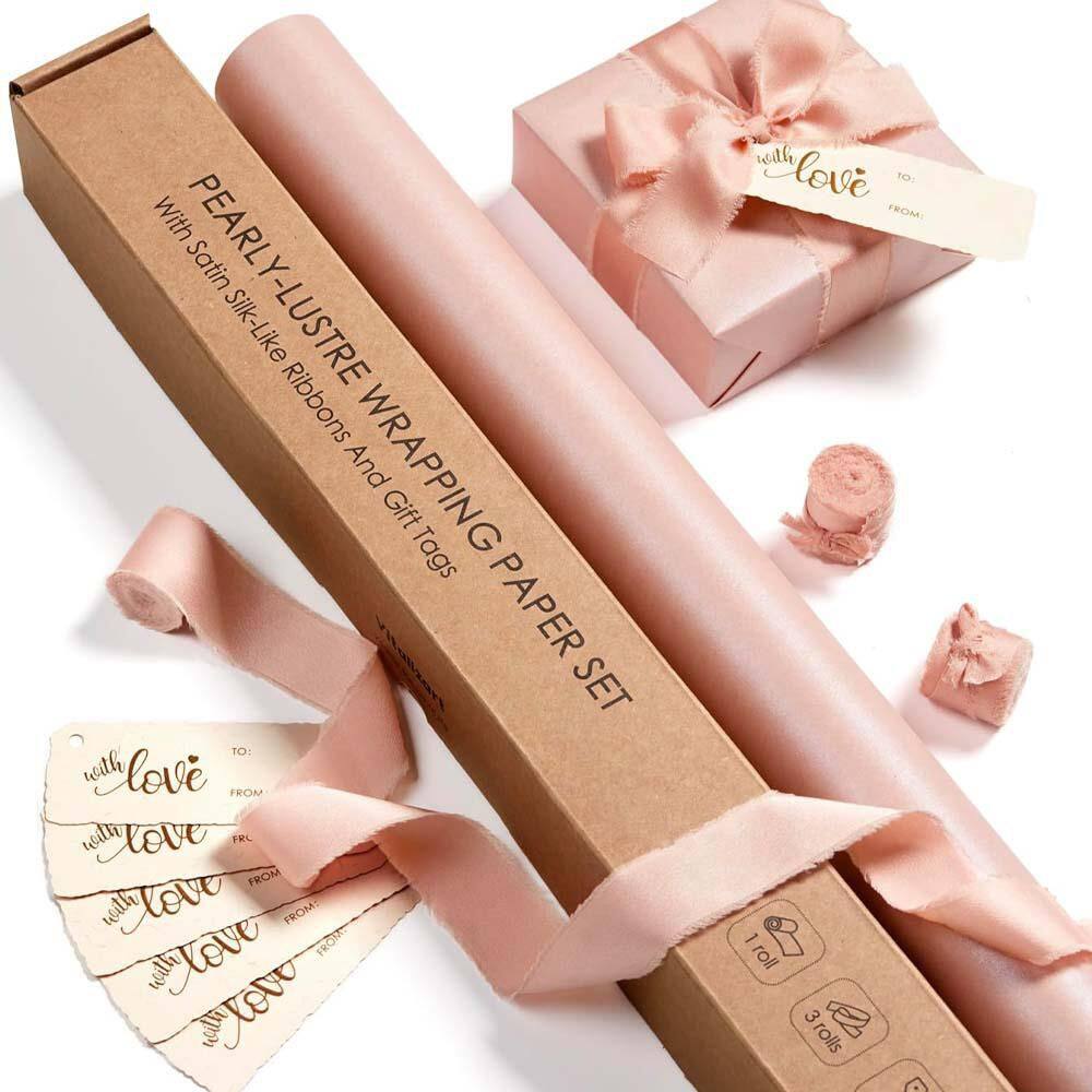 17 x 197 Pearly-Lustre Pink Wrapping Paper Set with Satin Ribbon and Gift Tags Recyclable Eco-Friendly for All Occasions