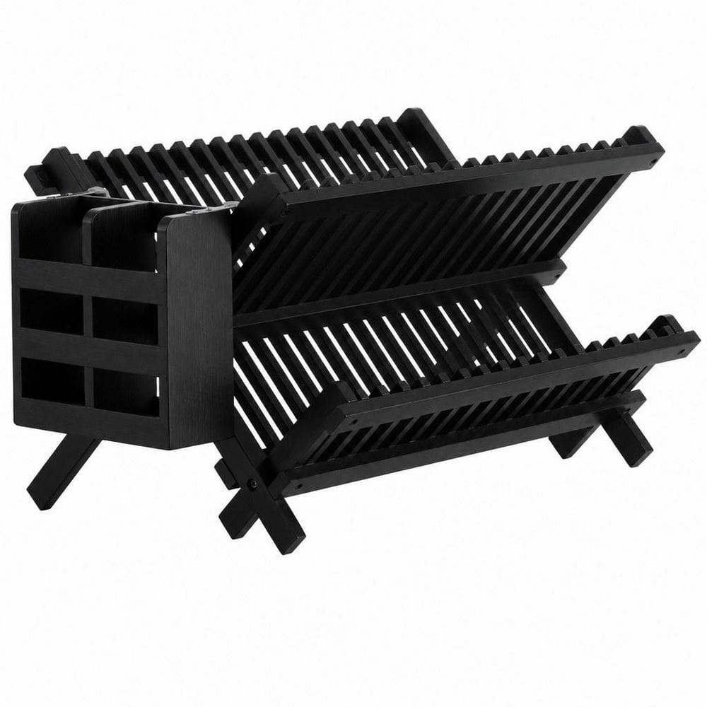 2-Tier Bamboo Dish Drying Rack with Utensils Holder, Set for Kitchen, Collapsible Drainer, Folding Dish Rack, Black