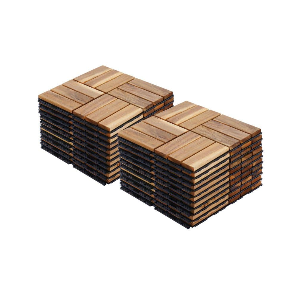 20-Piece Acacia Hardwood Interlocking Deck Tiles, 12 in. Outdoor Patio Checker Pattern Flooring Tiles in Yellow