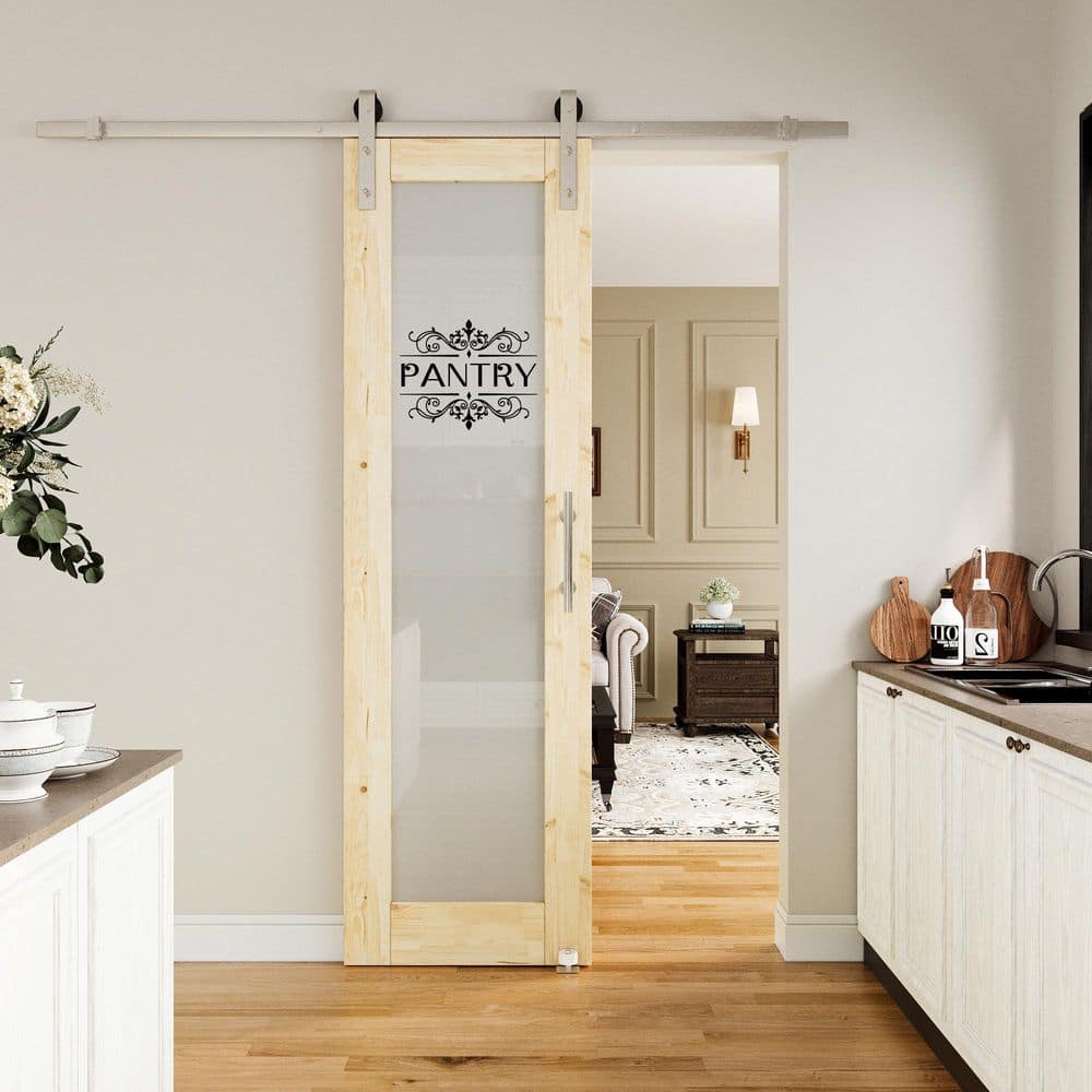 24 in. x 80 in. 1 Lite Frosted Glass Unfinished MDF Sliding Barn Door with Hardware Kit Nickel and Pantry Sticker