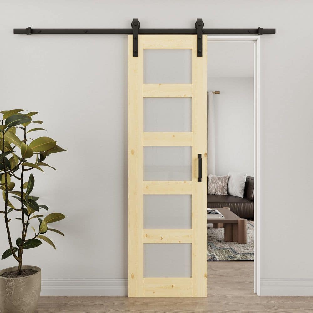24 in. x 80 in. 5-Lite Frosted Glass Unfinished Glass No Assembly Required Sliding Barn Door with Hardware Kit