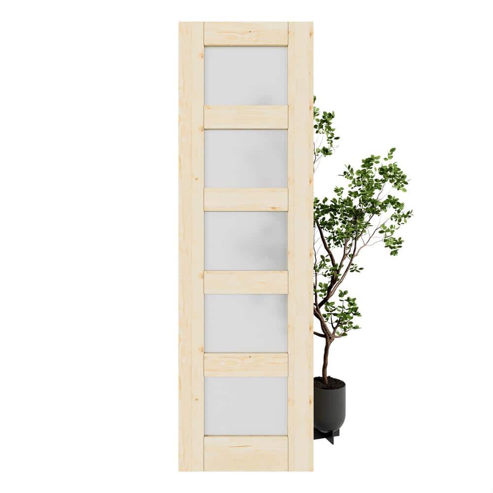 24 in. x 80 in. Unfinished Solid Core Pine Wood 5-Lite Tempered Frosted Glass Interior Door Slab