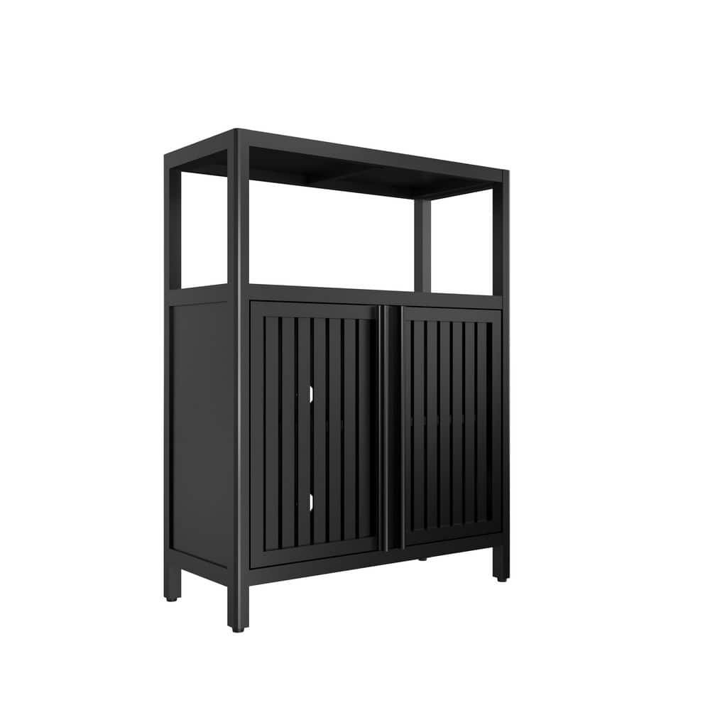 24.5 in. W x 10.7 in. D x 32.1 in. H Black Bamboo Linen Cabinet, Bathroom Storage Cabinet with 2 Doors and Open Shelf