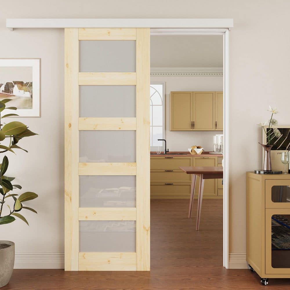 28 in. x 80 in. Hidden Track Style 5-Lite Frosted Glass Unfinished Glass Sliding Barn Door with Hardware Kit