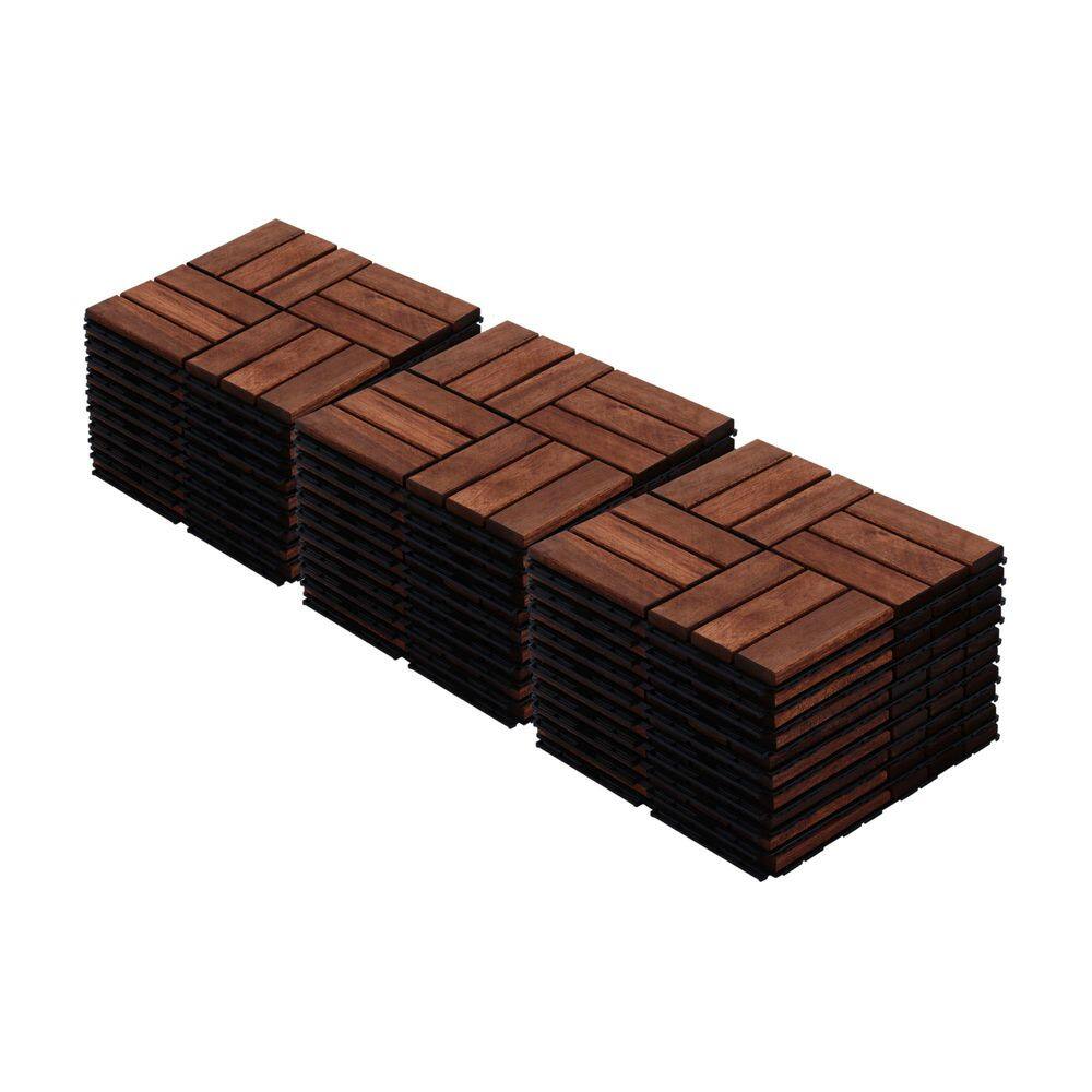 30 Pack Acacia Wood Interlocking Deck Tiles, 12" Square Brown Checker Pattern Outdoor Flooring for Patio Pool Side