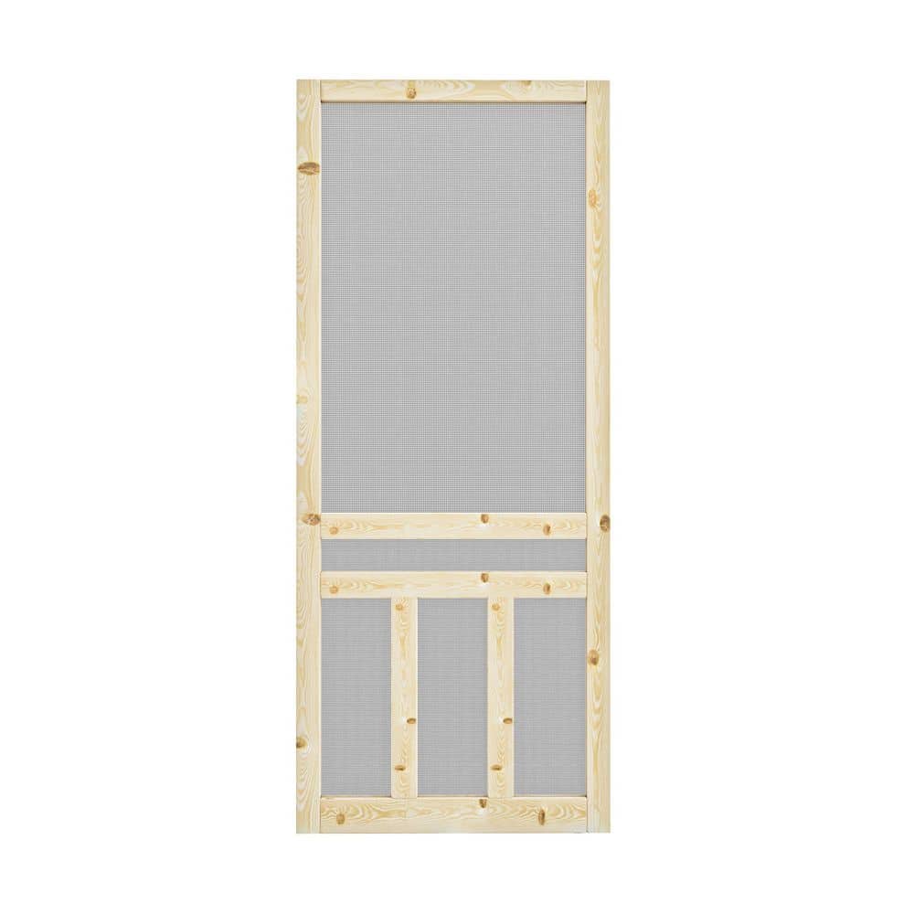 30 in. x 80 in. 3-Bar Single Universal Paneled Unfinished Pine Wood and Gauze Mesh Hinged Screen Door
