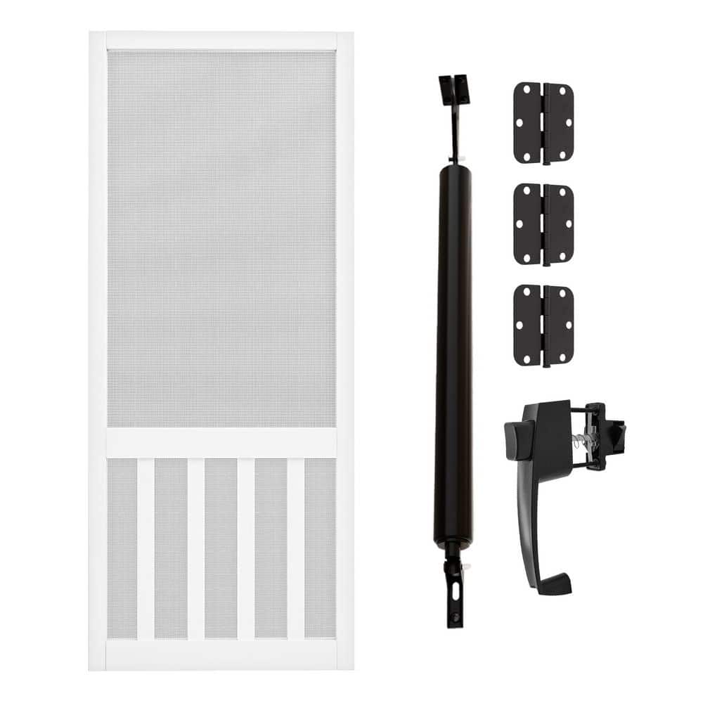 30 in. x 80 in. Universal Primed White Pine Screen Door with Lock and Door Closer 5-Bar Vertical Slat Gauze Mesh Hinged